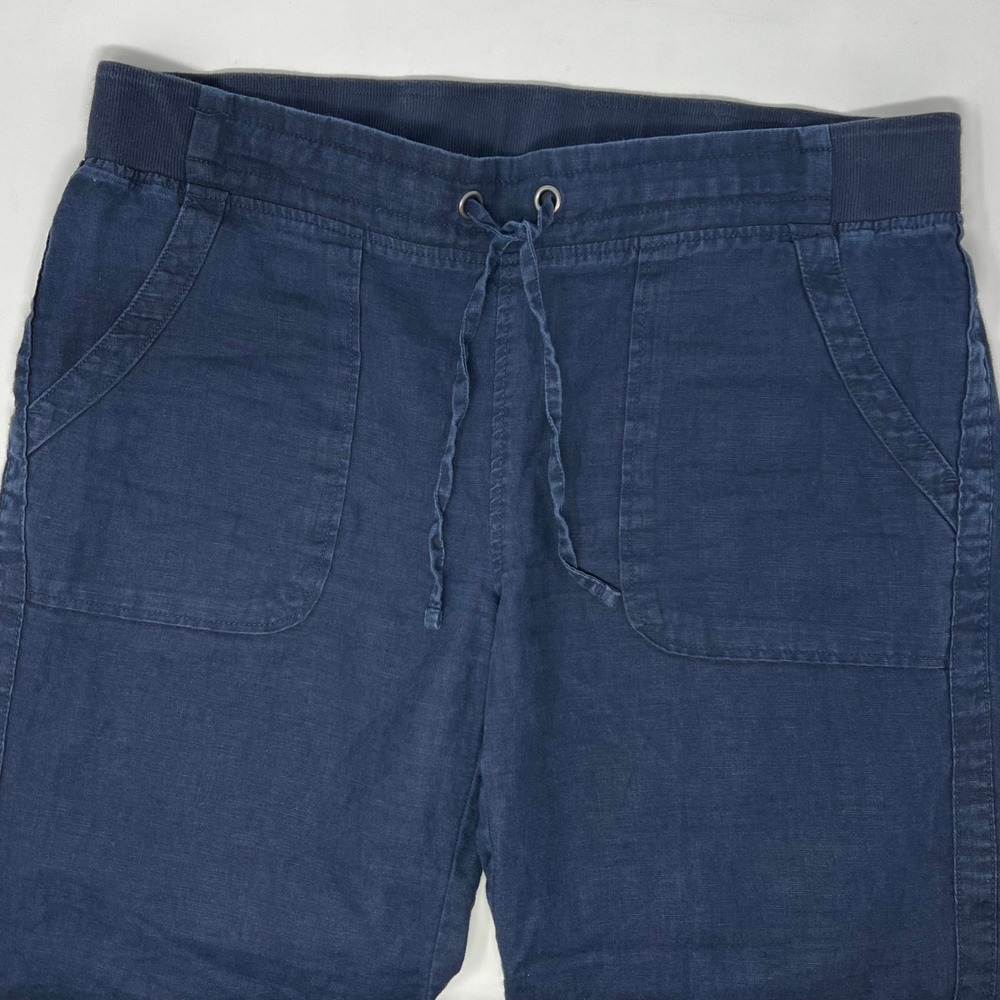 Athleta Navy Blue 100% Linen Pull On Pants Size 12 Drawstring Wide Leg Casual